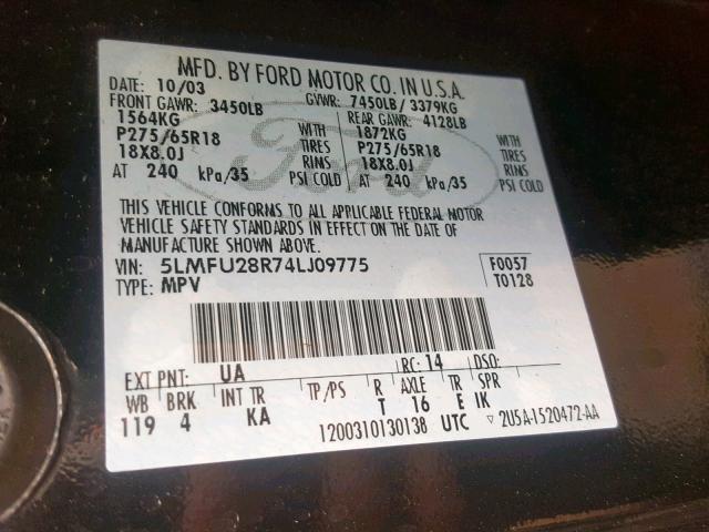 5LMFU28R74LJ09775 - 2004 LINCOLN NAVIGATOR BLACK photo 10