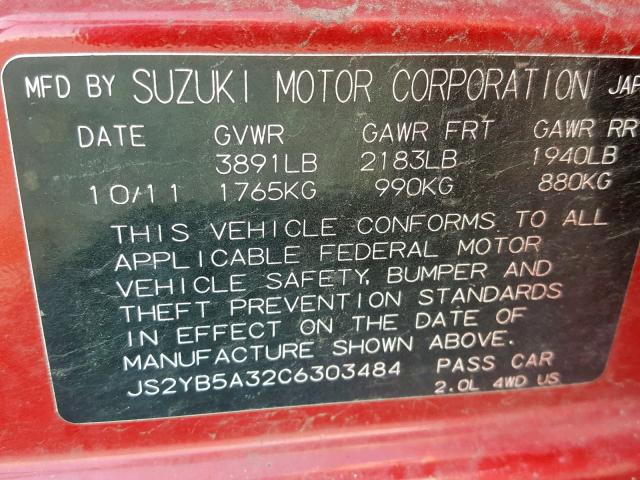 JS2YB5A32C6303484 - 2012 SUZUKI SX4 RED photo 10