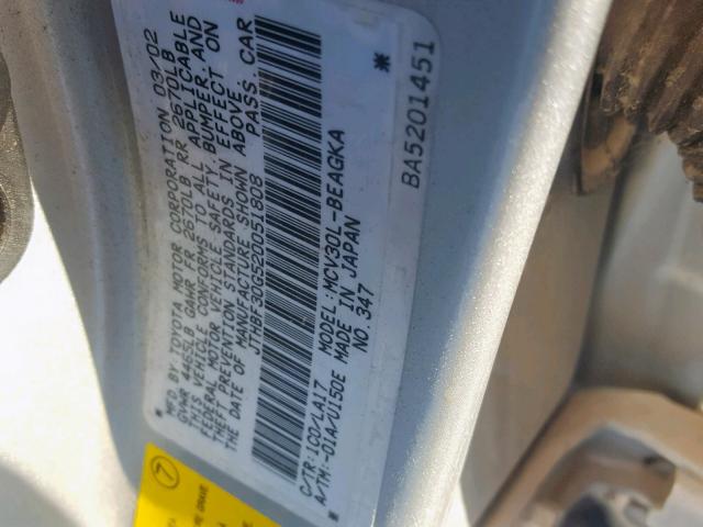 JTHBF30G520051808 - 2002 LEXUS ES 300 SILVER photo 10