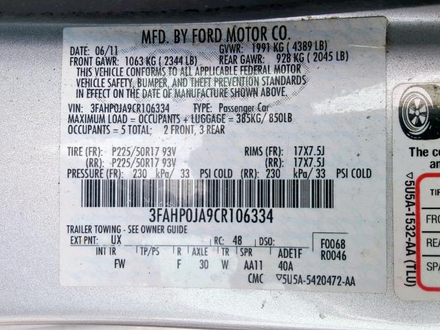 3FAHP0JA9CR106334 - 2012 FORD FUSION SEL SILVER photo 10