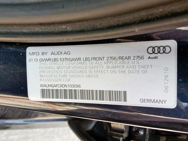 WAUHGAFCXDN103096 - 2013 AUDI A6 PRESTIG BLUE photo 10