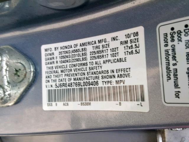 5J6RE48769L009406 - 2009 HONDA CR-V EXL SILVER photo 10