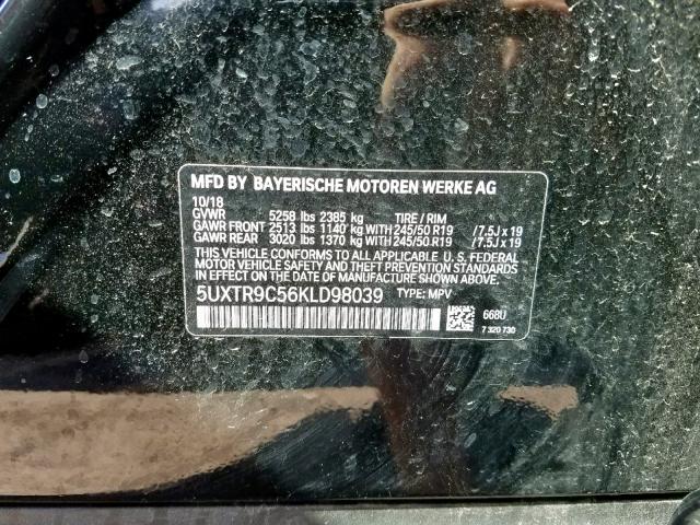 5UXTR9C56KLD98039 - 2019 BMW X3 XDRIVE3 BLACK photo 10