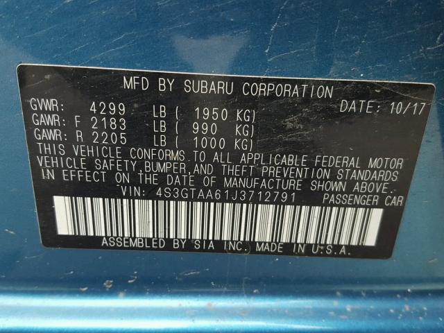 4S3GTAA61J3712791 - 2018 SUBARU IMPREZA BLUE photo 10