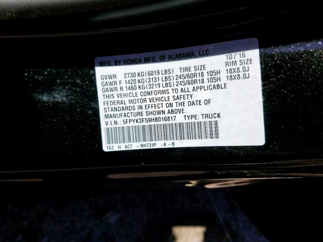 5FPYK3F59HB016817 - 2017 HONDA RIDGELINE BLACK photo 10