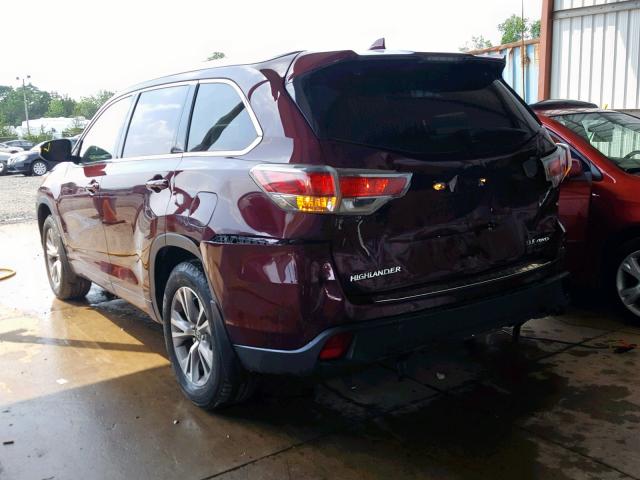 5TDJKRFH8FS150122 - 2015 TOYOTA HIGHLANDER MAROON photo 3