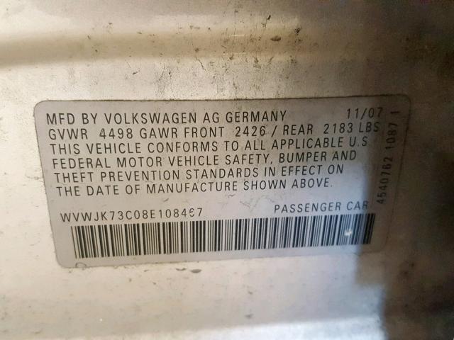 WVWJK73C08E108467 - 2008 VOLKSWAGEN PASSAT TUR SILVER photo 10