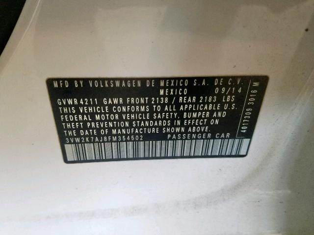 3VW2K7AJ8FM354502 - 2015 VOLKSWAGEN JETTA BASE WHITE photo 10