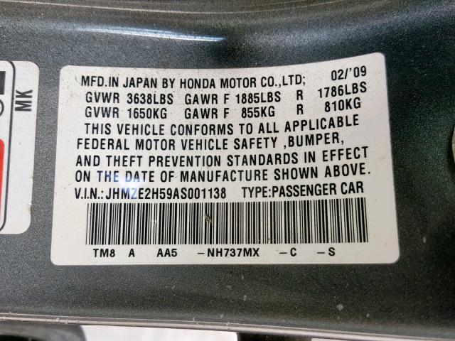 JHMZE2H59AS001138 - 2010 HONDA INSIGHT LX GRAY photo 10