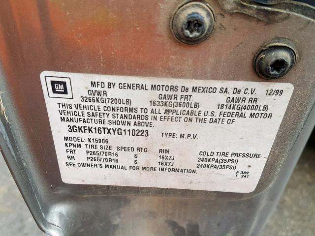 3GKFK16TXYG110223 - 2000 GMC YUKON XL K GOLD photo 10