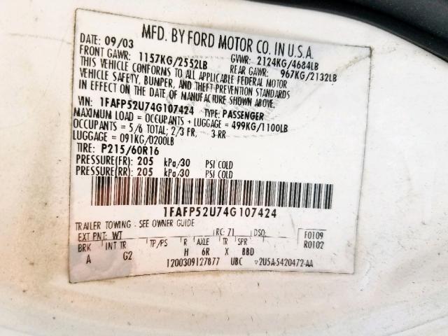 1FAFP52U74G107424 - 2004 FORD TAURUS LX WHITE photo 10