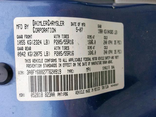 3A8FY68827T620919 - 2007 CHRYSLER PT CRUISER BLUE photo 10