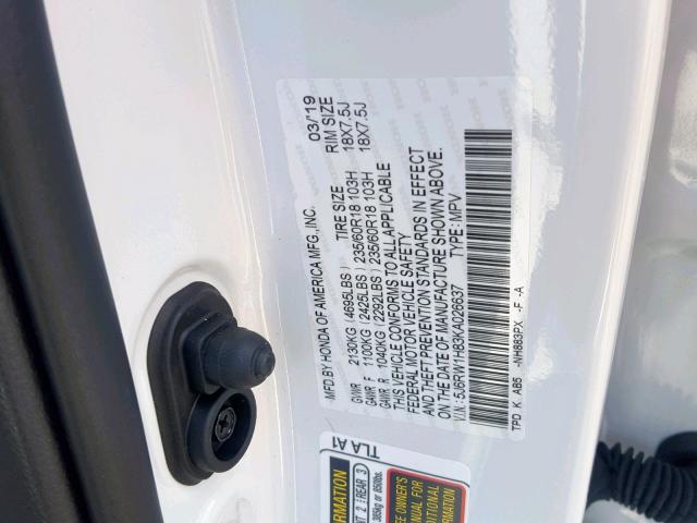 5J6RW1H83KA026637 - 2019 HONDA CR-V EXL WHITE photo 10