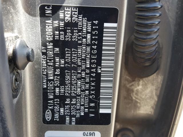 5XYKT4A63EG421514 - 2014 KIA SORENTO LX GRAY photo 10