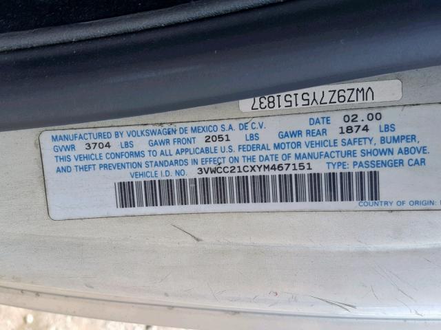 3VWCC21CXYM467151 - 2000 VOLKSWAGEN NEW BEETLE Gümüş foto 10