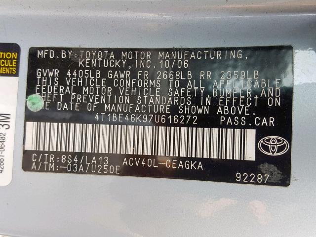 4T1BE46K97U616272 - 2007 TOYOTA CAMRY NEW BLUE photo 10