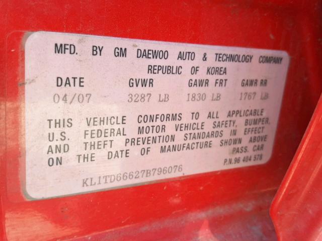 KL1TD66627B796076 - 2007 CHEVROLET AVEO BASE 红色 照片 10