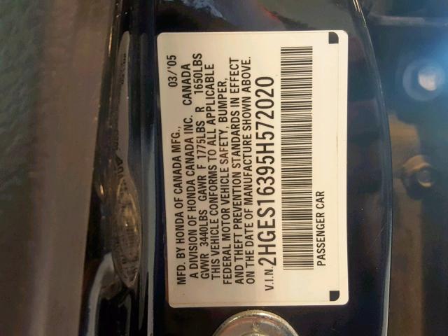 2HGES16395H572020 - 2005 HONDA CIVIC DX V BLACK photo 10