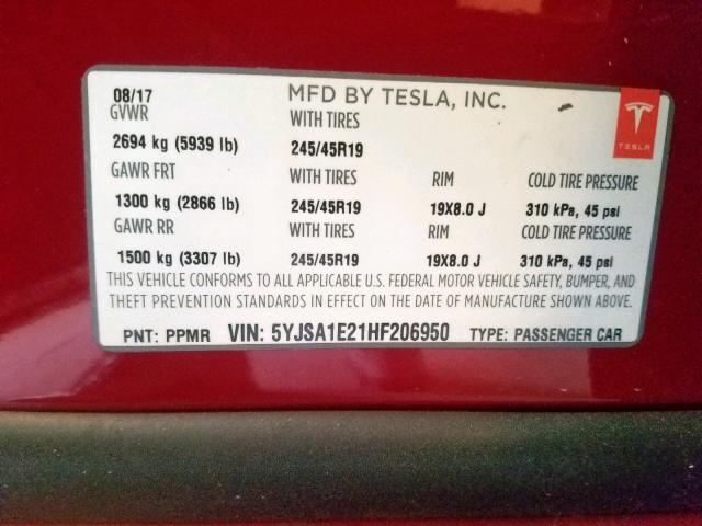 5YJSA1E21HF206950 - 2017 TESLA MODEL S Qırmızı foto 10