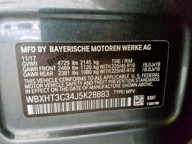 WBXHT3C34J5K28883 - 2018 BMW X1 XDRIVE2 GRAY photo 10