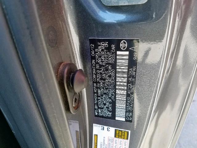 JTKJF5C71C3043850 - 2012 TOYOTA SCION TC ნაცრისფერი ფოტო 10