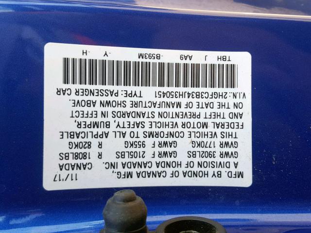 2HGFC3B34JH350451 - 2018 HONDA CIVIC EX BLUE photo 10