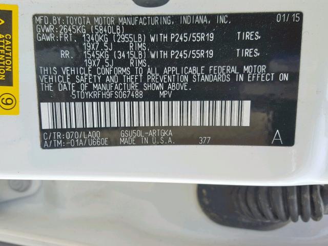 5TDYKRFH9FS067488 - 2015 TOYOTA HIGHLANDER WHITE photo 10