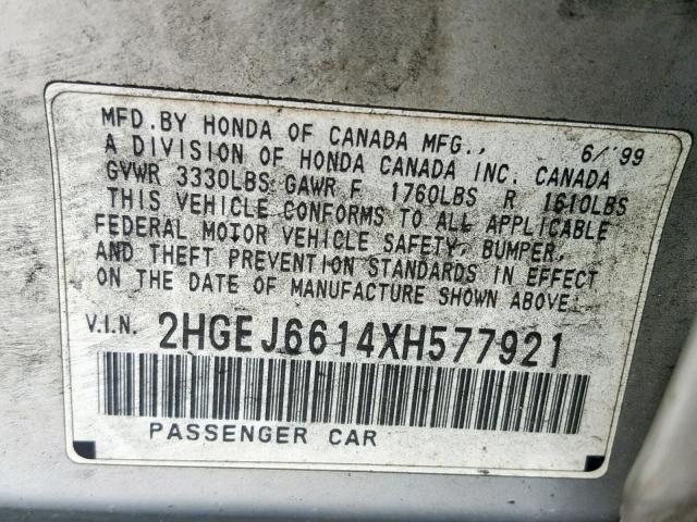 2HGEJ6614XH577921 - 1999 HONDA CIVIC BASE SILVER photo 10