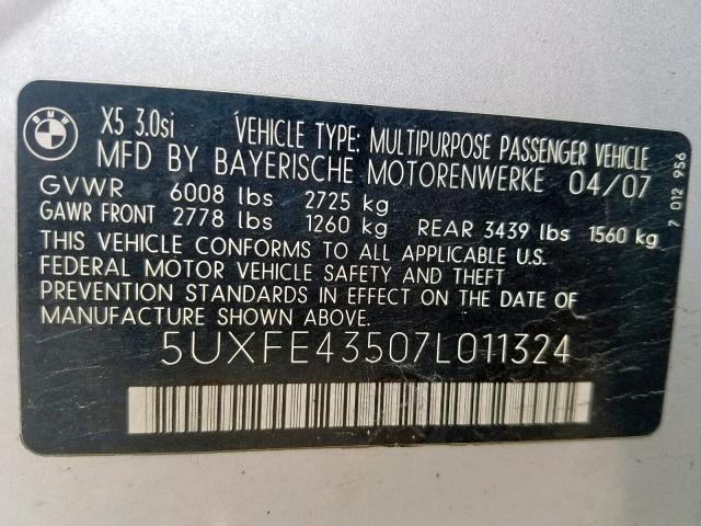 5UXFE43507L011324 - 2007 BMW X5 3.0I SILVER photo 10