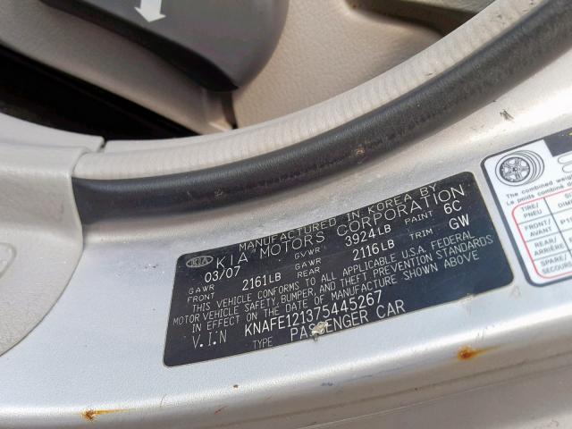 KNAFE121375445267 - 2007 KIA SPECTRA EX SILVER photo 10