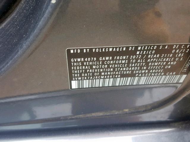3VW2K7AJ8CM466146 - 2012 VOLKSWAGEN JETTA BASE GRAY photo 10