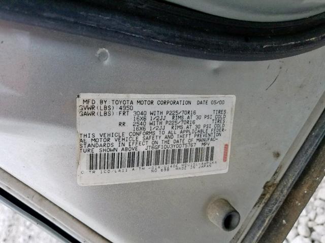 JT6GF10U3Y0075767 - 2000 LEXUS RX 300 GRAY photo 10