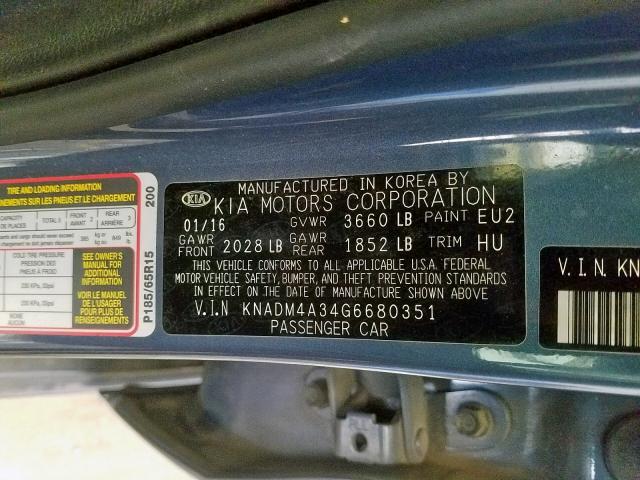 KNADM4A34G6680351 - 2016 KIA RIO LX BLUE photo 10