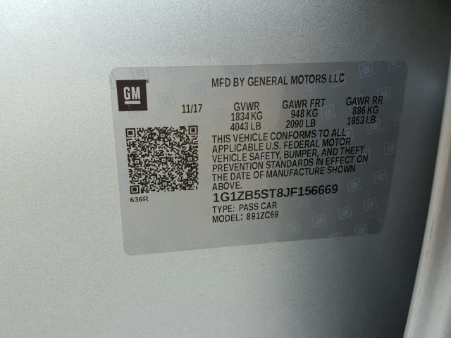 1G1ZB5ST8JF156669 - 2018 CHEVROLET MALIBU LS SILVER photo 10