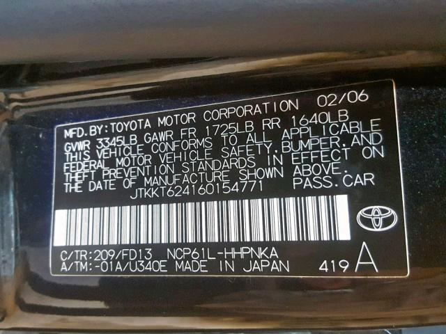 JTKKT624160154771 - 2006 TOYOTA SCION XA BLACK photo 10