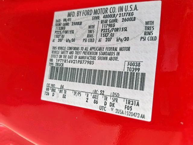 1FTYR14V21PB77985 - 2001 FORD RANGER SUP RED photo 10