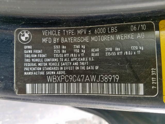 WBXPC9C47AWJ38919 - 2010 BMW X3 XDRIVE3 BLUE photo 10