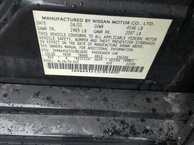 1N4BA41E55C861600 - 2005 NISSAN MAXIMA SE BLACK photo 10