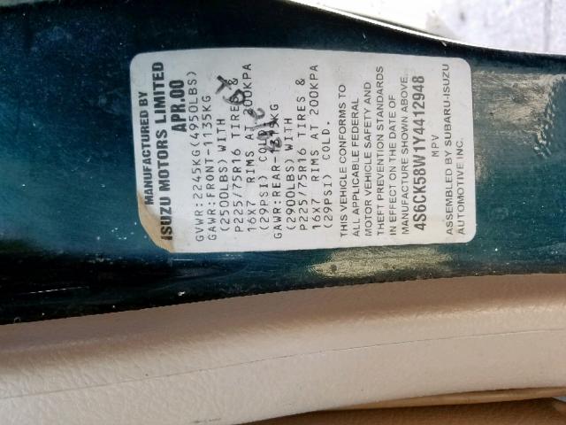 4S6CK58W1Y4412948 - 2000 HONDA PASSPORT E მწვანე ფოტო 10