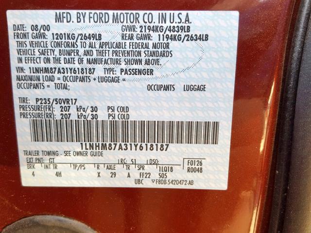 1LNHM87A31Y618187 - 2001 LINCOLN LS მუქწითელი ფოტო 10