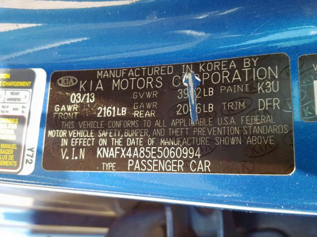 KNAFX4A85E5060994 - 2014 KIA FORTE EX BLUE photo 10