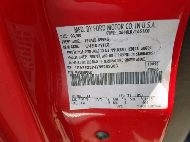 1FAFP33P4YW282383 - 2000 FORD FOCUS LX RED photo 10