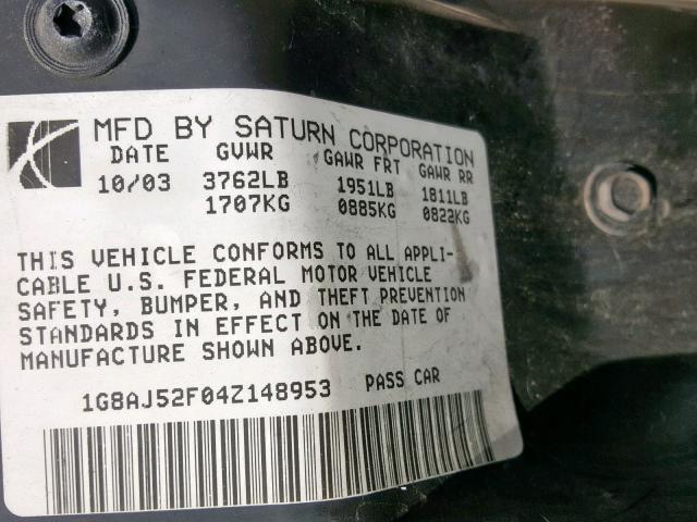 1G8AJ52F04Z148953 - 2004 SATURN ION LEVEL BEIGE photo 10