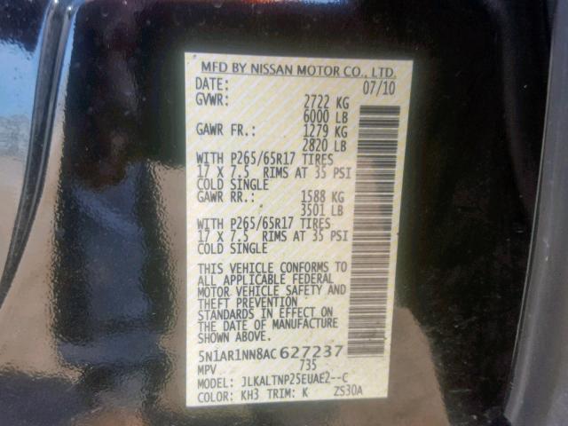 5N1AR1NN8AC627237 - 2010 NISSAN PATHFINDER BLACK photo 10