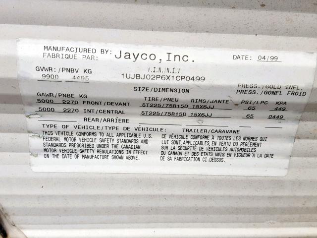 1UJBJ02P6X1CP0499 - 1999 JAYCO EAGLE  WHITE photo 10