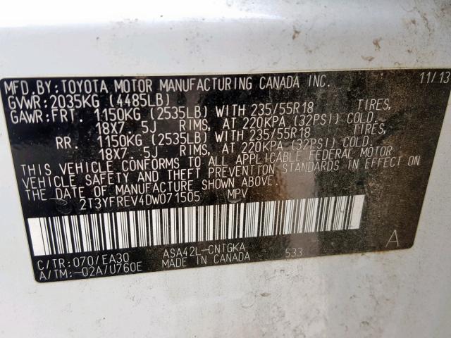 2T3YFREV4DW071505 - 2013 TOYOTA RAV4 LIMIT WHITE photo 10