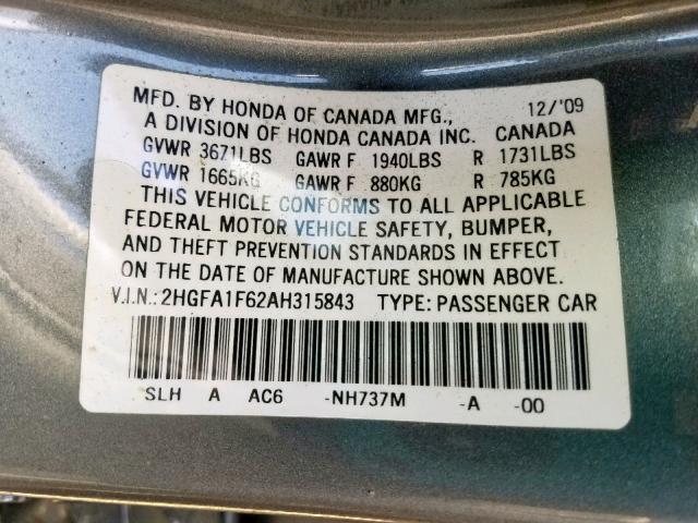 2HGFA1F62AH315843 - 2010 HONDA CIVIC LX-S Boz foto 10