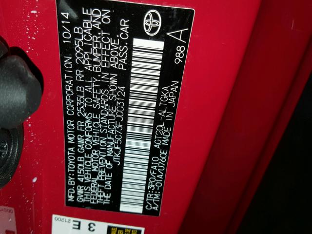 JTKJF5C73FJ003124 - 2015 TOYOTA SCION TC 红色 照片 10