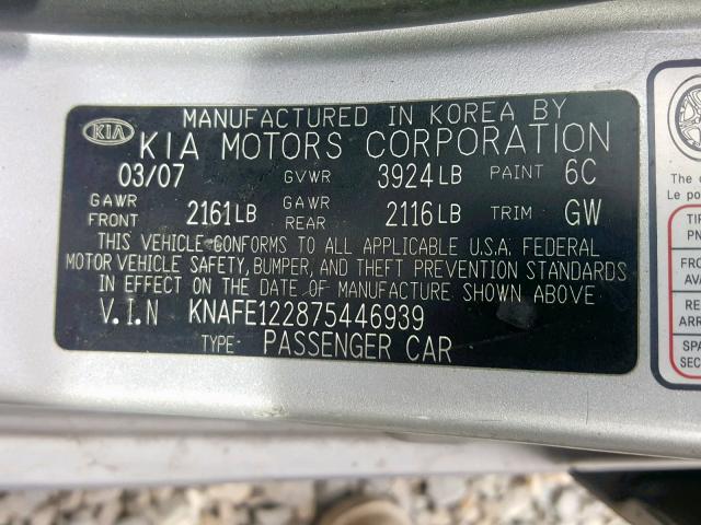 KNAFE122875446939 - 2007 KIA SPECTRA EX SILVER photo 10