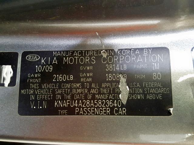 KNAFU4A28A5823640 - 2010 KIA FORTE EX GRAY photo 10